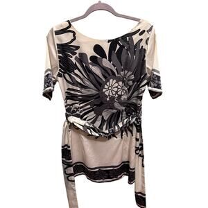 Anatolia Feme Black Floral White Dressy Belted Blouse Tunic Women’s Sz M